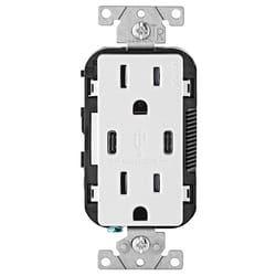 Leviton Decora 15 amps 125 V Duplex and Type C White Outlet and USB Charger 5-15 R 1 pk