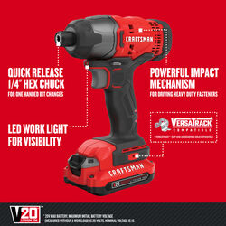 工匠 V20 20 V 1/4 in. Cordless Brushed Impact Driver Kit (Battery & 充电器)