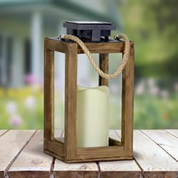 Exhart 11 in. Solar Power Glass/Wood Solar Lantern with Candle Black/Brown