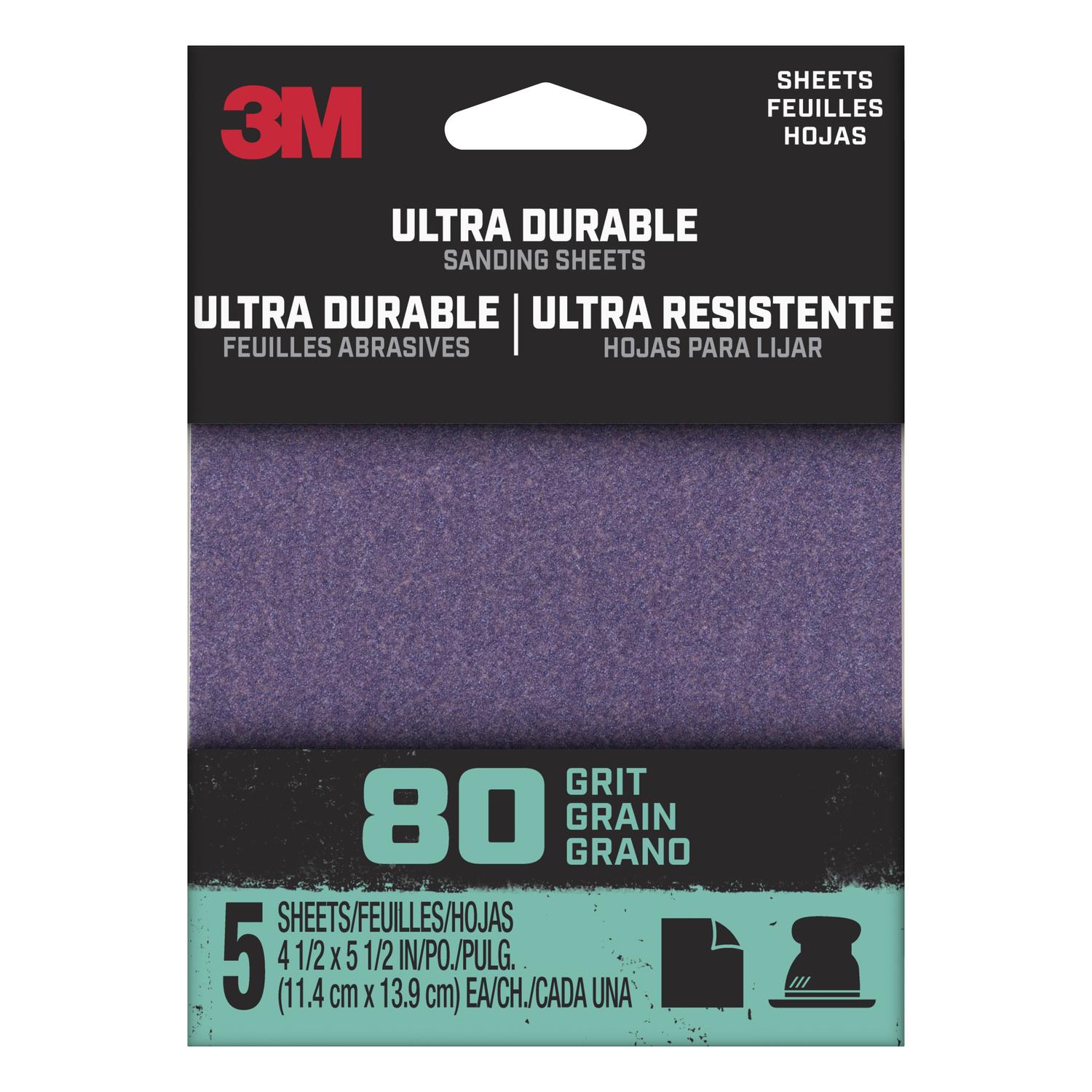 Photo 1 of 3M Ultra Durable 5.5 L x 4.5 W 80 Grit Aluminum Oxide 1/4 Sheet Sandpaper 5 pk x 20