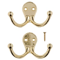 Ace 1-3/4 in. L Bright Brass Bright Brass Brass Small Double Garment Hook 2 pk