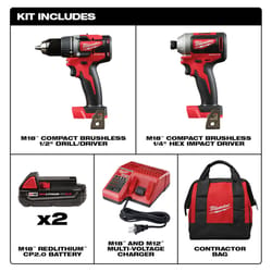 Milwaukee M18 18 V Cordless Brushless 2 Tool Compact Drill and Impact Driver Kit