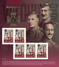 One stamp. Depicts an artistic collage with 5 stamps with 3 Canadian Victoria Cross recipients, the medal, and their silhouettes. 