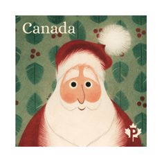 Stamp featuring a playful children&#39;s book-style illustration of a smiling Santa Claus on a green background with leaves and holly.