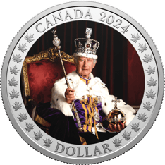 The coin’s reverse features His Majesty King Charles III’s official coronation portrait at the Coronation ceremony on May 6, 2023.