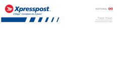 Enveloppe blanche, rouge et bleue de Postes Canada indiquant « XpresspostMC Livraison en 2 jours », « National » et « Prépayé »