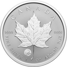 Silver coin with a maple leaf and a polar bear privy mark. Text: &quot;Canada&quot;, &quot;9999&quot;, &quot;1 oz Fine Silver&quot;.