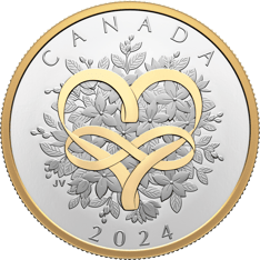 A silver coin with gold plating, a ribbon weaves its way through the flowers to form an infinity heart. Text “CANADA” and “2024”