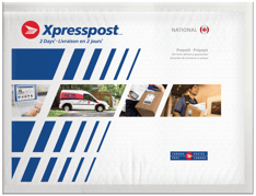 White, blue, and red XpresspostTM bubble envelope with four images depicting the process from online order to delivery.