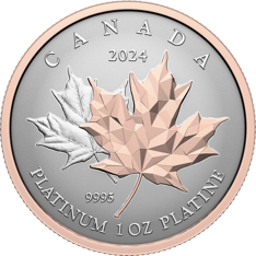 The reverse design features two sugar maple leaves: a classic leaf in the background, and a multifaceted rose gold plated one in the foreground.