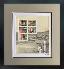 Art in a black frame and a grey mat. Five &quot;Canadians in Flight&quot; stamps are atop a greyscale float plane image.