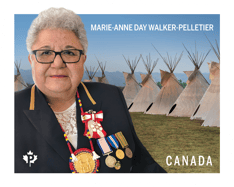 Stamp with &quot;Marie-Anne Day Walker-Pelletier&quot; text and a photo of her adorned with medals