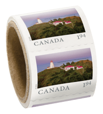 Roll of stamps. Each has New Brunswick&#39;s historic Swallowtail Lighthouse on a lush peninsula, and &quot;Canada $1.94&quot; text. 