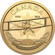 Gold coin featuring the RCAF roundel in the background, with a maple leaf at its centre a plane, the De Havilland DH-82C Tiger Moth.