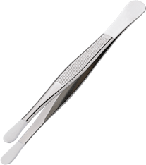 An angle view of silver coloured coin tongs. Depicts the tongs&#39; horizontal line grips and plasticized tips.