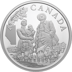 The coin depicts a family portrait with the word Canada, a map of Alberta, a wagon train and some flowers.