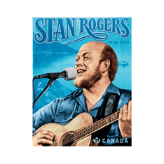 Stamp featuring Stan Rogers playing guitar and singing, set against a blue Nova Scotian coastline with “Stan Rogers” and “1949-1983” text.
