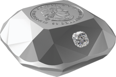 The coin’s unique shape and multi-faceted design are a reproduction of a patented trademark diamond cut.