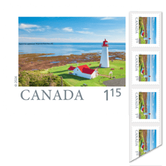 Image of Point Prim lighthouse in PEI with white background with “Canada” and $1.15 in type. 