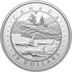 The coin shows a pod of orcas near a rocky island with a forest and montains in the background. Compass elements contain CANADA and 20 DOLLARS.