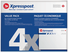Value pack of four, prepaid, two-day shipping regional XpresspostTM envelopes with a large 4x graphic.