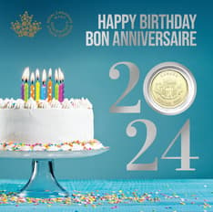 The front of the packaging shows a white cake with candles on a blue background with the words &quot;Happy birthday 2024&quot;.