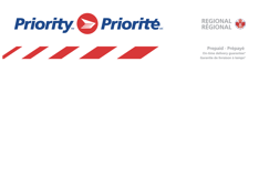 Enveloppe blanche, rouge et bleue de Postes Canada indiquant « PrioritéMC », « Régional » et « Prépayé »