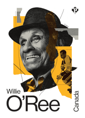 Timbre comportant le texte « Willie O’Ree », un portrait de lui regardant vers la gauche tout sourire, coiffé d’un chapeau et une photo