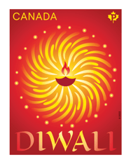 Timbre orné du texte « Diwali » en jaune et d’une lampe à huile allumée, qui illustre la fête des Lumières sur un fond rouge  