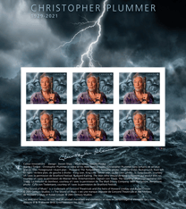 Feuillet comportant le texte « Christopher Plummer », 6 timbres à l’image de l’acteur, son autographe et une scène orageuse inspirée de son œuvre. 