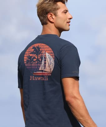 Seas The Day Palm Scenic - Navy Short Sleeve Crewneck T-Shirt
