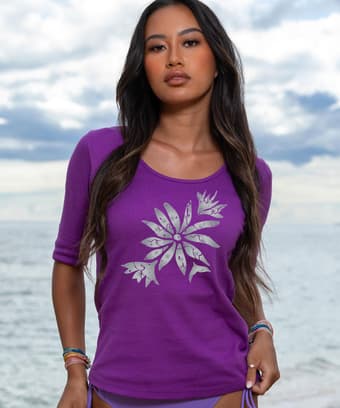 Batik Flora - Violet Short Sleeve Banded Rib Knit T-Shirt