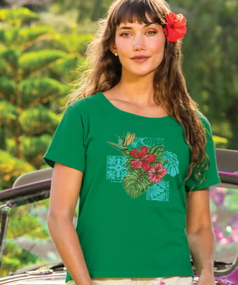 Pua Nani Montage - Wintergreen Dyed Short Sleeve Scoop Neck T-Shirt