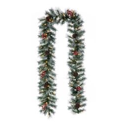 Glitzhome 9.75 in. D X 9 ft. L LED Prelit Warm White Pine Cones and Red Berries Garland and Wreath S
