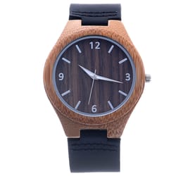 Mad Man Mens Koa Round Black/Brown Analog Watch Bamboo/Leather