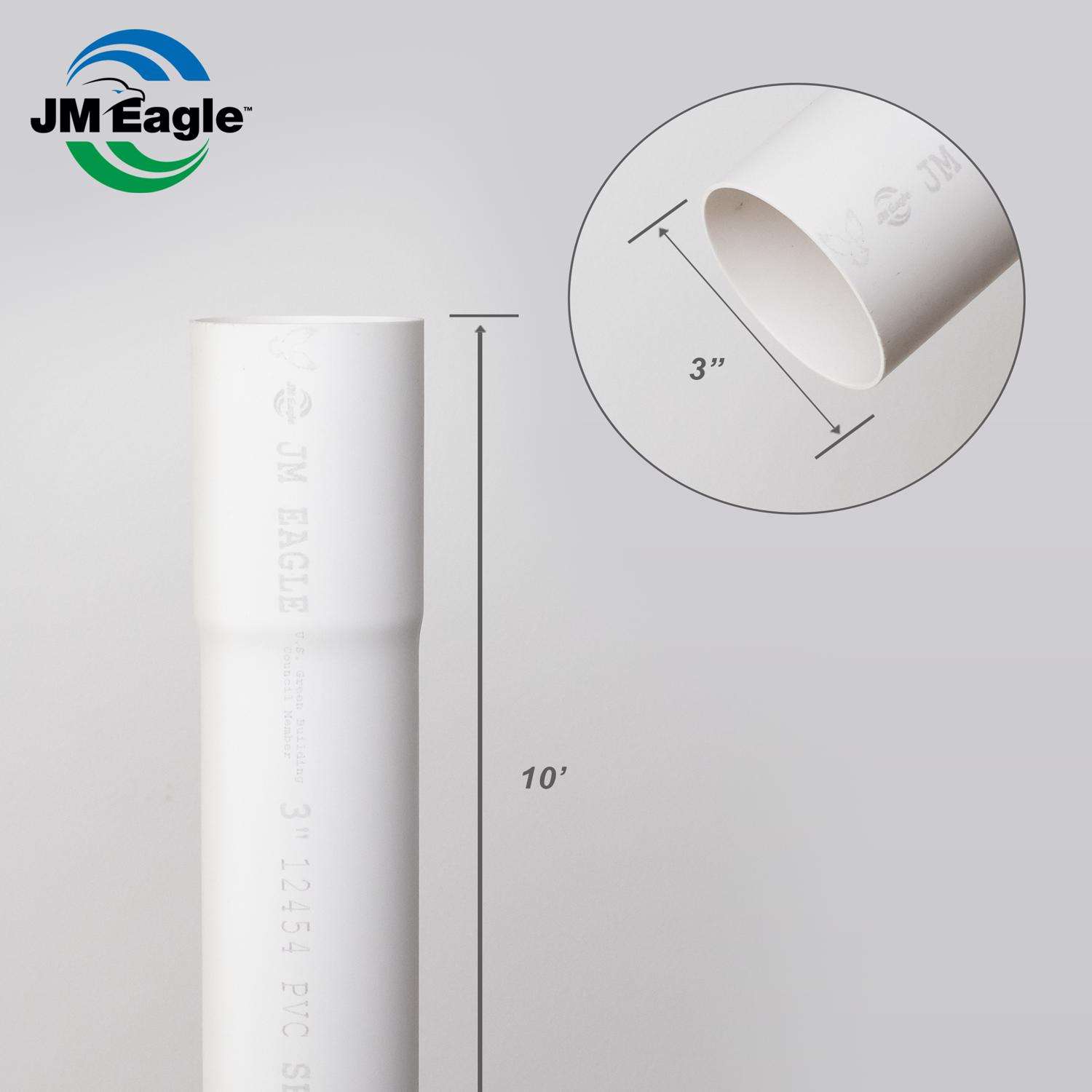 JM Eagle 2729 PVC Sewer Pipe 3 in. D X 10 ft. L Bell 0 psi