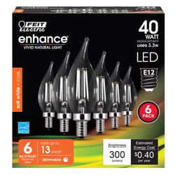 Feit Enhance CA10 (Flame Tip) E12 (Candelabra) Filament LED Bulb Soft White 40 Watt Equivalence 6 pk