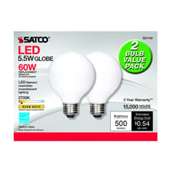 Satco . G25 E26 (Medium) LED Bulb Warm White 60 Watt Equivalence 2 pk