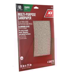 Ace  11 in. L x 9 in. W 60 Grit Aluminum Oxide  Sandpaper  4 pk 