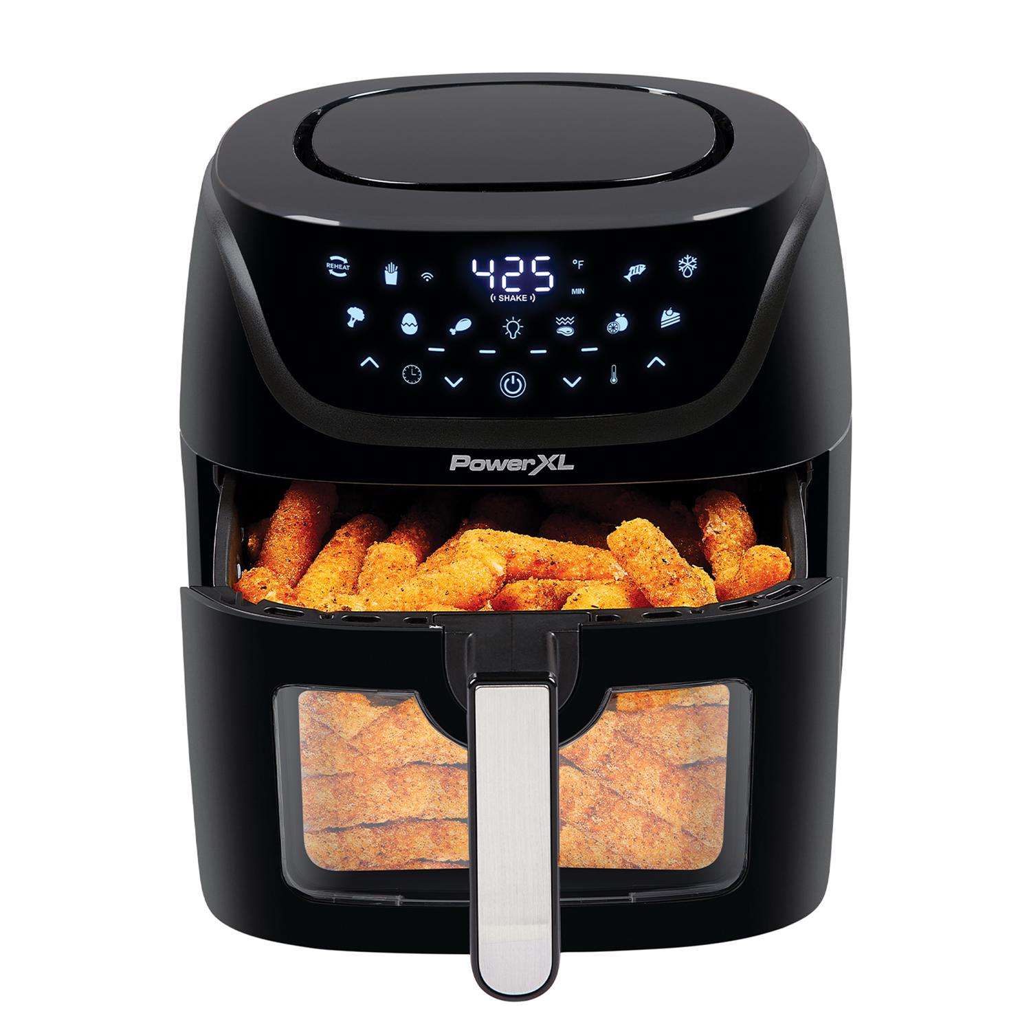 PowerXL 4-Quart Black Air Fryer with Fry Tray, LED Panel, 10 Presets,  See-Through Window, Internal Light in the Air Fryers department at