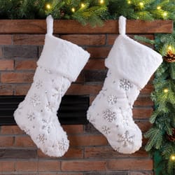 Glitzhome White Plush with Snowflake Christmas Christmas Stocking 0.39 in.