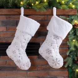 Glitzhome White Plush with Snowflake Christmas Christmas Stocking 0.39 in.