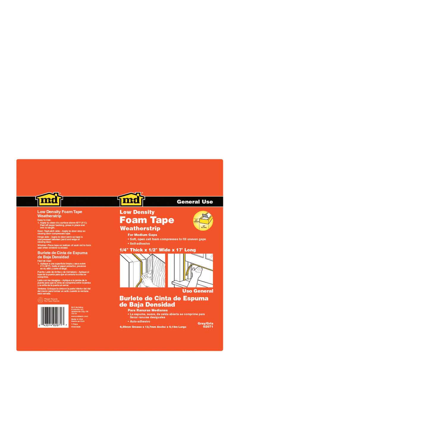 MD Gray Foam Weather Stripping Tape For Doors and Windows 17 ft. L X 3