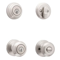 Kwikset SmartKey Juno Satin Nickel Deadbolt and Entry Door Knob KW1 1-3/4 in.