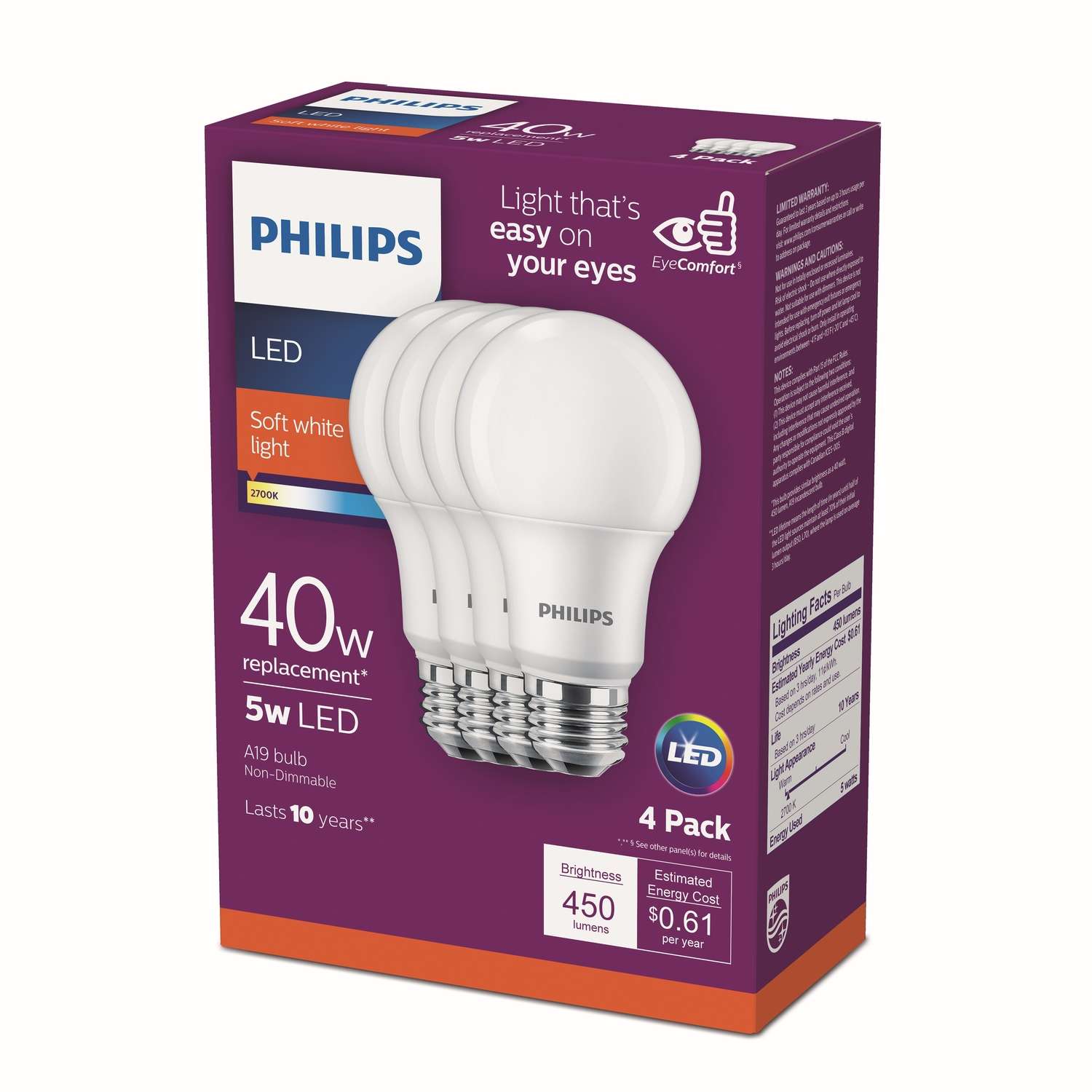 Philips A19 E26 (Medium) LED Bulb Soft White 40 Watt Equivalence 4 pk