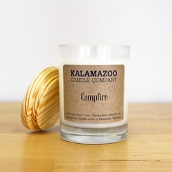 Kalamazoo Candle Company Clear glass jar with white soy wax, wood lid Campfire Scent Campfire, clear