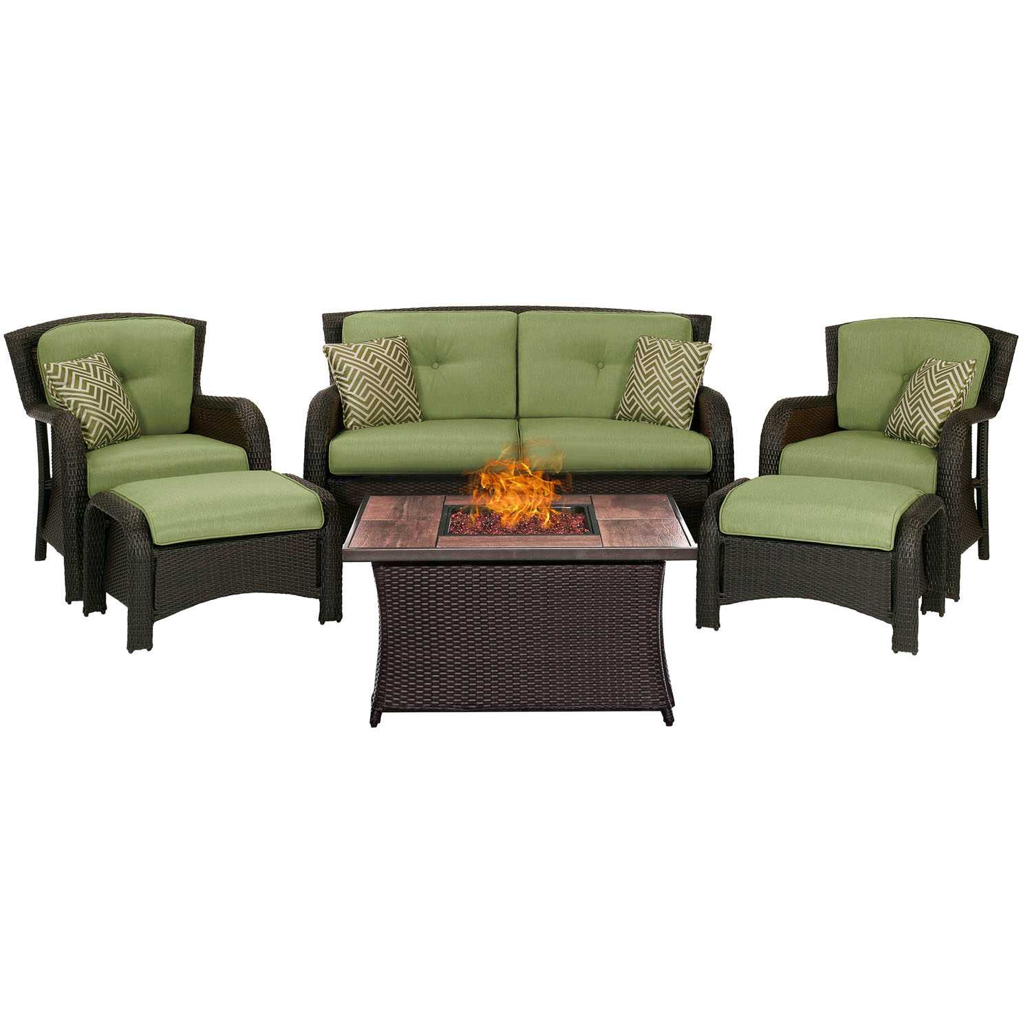 Hanover Strathmere 6 Pc Espresso Steel Firepit Seating Set Green