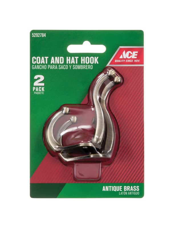 Ace 3 in. L Antique Brass Gold Brass Small Coat and Hat Hook 2 pk - Ace  Hardware