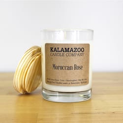 Kalamazoo Candle Company Clear glass jar with white soy wax, wood lid Moroccan Rose Scent Moroccan R