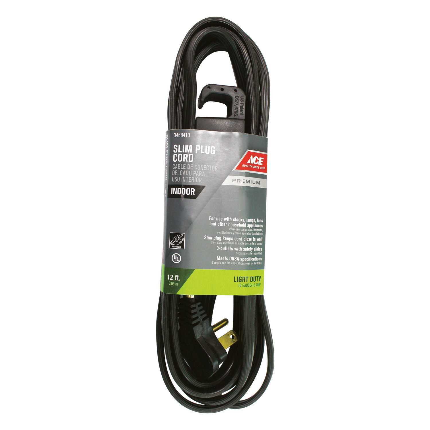 Ace Indoor 12 ft. L Black Extension Cord 16/3 STP3 Ace Hardware